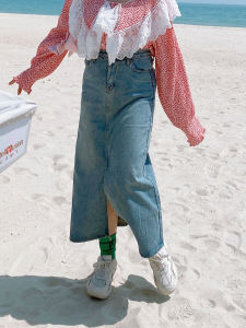 กระโปรงยีนส์ทรงตรงเอวสูง กระโปรงทรงเอยาวปานกลางสำหรับผู้หญิง ฤดูใบไม้ผลิและฤดูร้อน ทรงเรโทร กระโปรงทรงเอ ทรงเอ