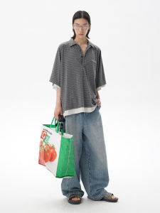 MASONPRINCE Comfortable Easy Wear Fake Two-Piece Striped Polo Shirt Loose Fit Youthful Style Short Sleeve Four Seasons Universal