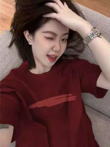 Áo Thun Cotton Tay Ngắn Màu Đỏ Rượu Vang Cổ Điển Mỹ Dành Cho Nữ Cỡ Lớn Rộng Rãi Phong Cách Pháp Nửa Tay Áo Ngọt Ngào Cay Nồng