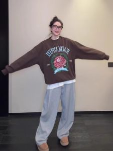 Fashionable Casual Brown round Neck Printed Sweatshirt Womens American New Style Loose Loose Lazy Long Sleeve Top