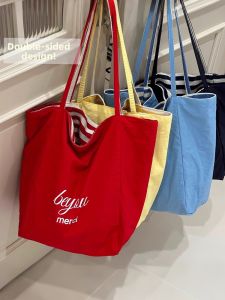 GUOQI | Large Capacity Shoulder Bag Red Stripe Dual-sided Tote Canvas Bag