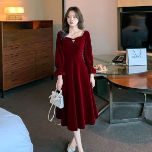 Elegant Wedding Dress French Style A-Line Gown for Bridal Return Home Dinner Party Long Sleeve Polyester Fabric with Zipper