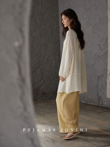 Spring and Autumn Pajamas Pure Cotton Bra Pads Included Round Neck Loose Fitting