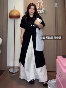 Plus Size Plus Size Ladies Idle Style Split Tops Womens Summer New Arrival + Loose Pants Two-piece Set Straight-leg Long Fashion Tide