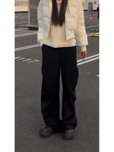 OUMULONG | Black Wrinkled Trumpet Fit Warm Trousers Pants