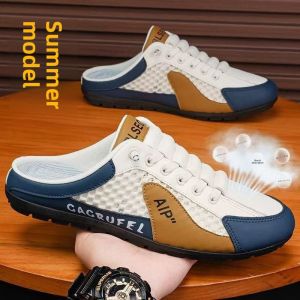 New Summer Mesh Mens Slippers Outdoor Wear Headed Slip-On Soft Bottom Breathable Half-Sole Casual Shoes for Active Men
