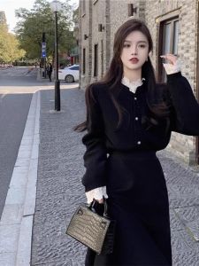 Fall Winter 2025 New Womens French Hepburn Style High-End Feeling Set Two-Piece Long Dress Elegance Lady Knitted Solid Color Commute