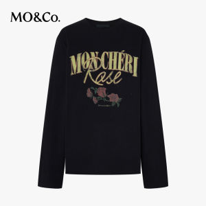 MO&Co. | Spring Autumn Cotton T-Shirt Rose Print with Rhinestones