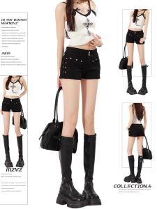 MZVZ | Black Double Buckle Studs High Waist A-Line Jeans Shorts