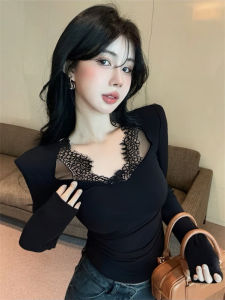 GUZILIAN | Pure Desire Lace Splice Long Sleeve T-Shirt Womens Small Top Autumn Winter Spicy Girl Knitted Base Shirt Can Be Worn Outside