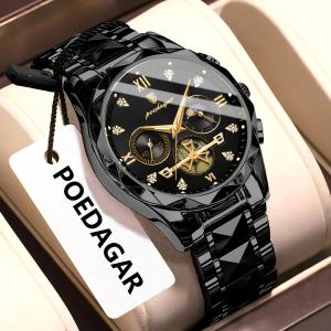 POEDAGAR Top High Quality Man Wristwatch Stainless Steel Chronograph Business Men Watch Waterproof Luminous Quartz Mens Watches