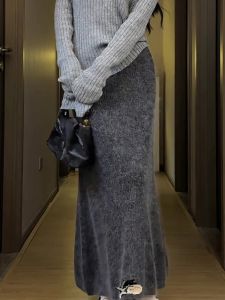 Gray Simple Fashionable Midi Skirt Womens Lazy Feel Daily Autumn New Style Mid-Length Skirts Korean Style High Waist A-Line Skirt