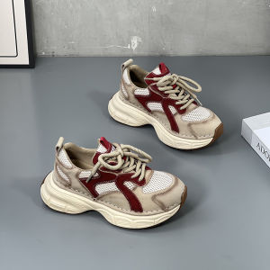 Leather Retro Thick Bottom Dad Shoes Womens Spring New Net Breathable Sports Casual Womens Shoes Cross Buckle Waterproof Platform Stitching