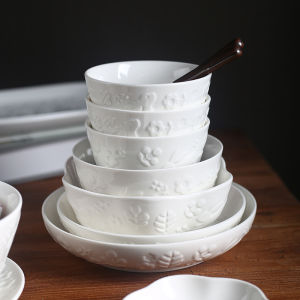 Shunxiang Scandinavian Story of Story Household Embossed Pure White Ceramic Daily Use Rice Bowl Noodle Bowl Minimalist Underglaze Color Cutlery Tray Bowl Dish