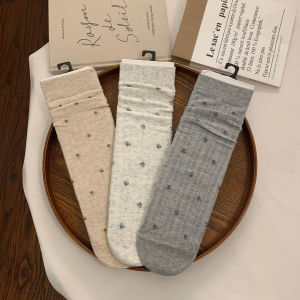Retro Grey over Knee Socks Womens Mid-Calf Autumn Winter New Style Combed Cotton Moisture Wicking Floral Patterned Socks