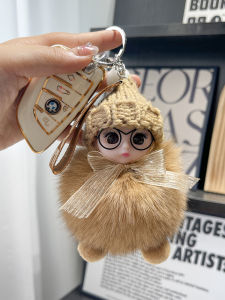 Real Fox Fur Big Eye Doll Car Key Ring Ornaments Cute Plush Doll Package Pendant Couple Gift