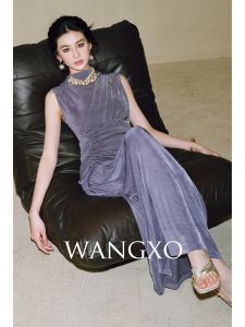 Wangxo High Elastic Knitted Dress Sculptural Pleated Curve Slim Fit Waist Cinched Sleeveless Long Dress Elegant Style Polyester Fiber