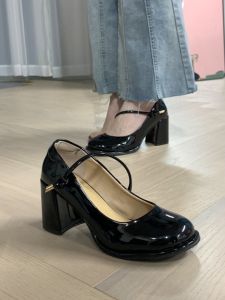 Black Leather Shoes Womens Summer Thick Sole round Toe High Heels Chunky Heel Mary Jane Shoes Closed Toe Sandals Flats Flats