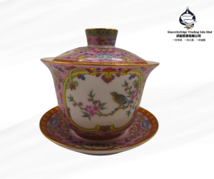 景德镇手工制珐琅彩底鸟语花香盖碗 JingDeZhen Enamel Chinese Lidded Bowl / GaiWan with Painted Floral and Bird