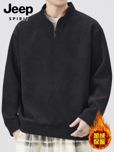 Jeep Spirit Mens Fleece Lined Thick Long Sleeve Hoodie Zipper Neck Winter Casual Style Polyester Blend Anti-Wrinkle T-Shirt
