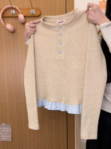 Knitted Long Sleeve Womens Inner Wear Button Patchwork Fake Two-Piece Soft Personality Base Top New Style Polyester Fiber