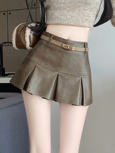 American Retro PU Leather Pleated Mini Skirt High Waist Slimming Anti-Light A-Line Short Skirt for Young Women 18-24