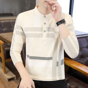 HENGYUANXIANG | Hengyuanxiang Mens Long Sleeve T-Shirt Pure Cotton Casual Stand Collar Base Shirt Spring Autumn Fashion Print Anti-Wrinkle