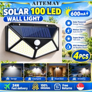 Aitemay 4pcs 100 LED Solar Wall Light 270° Wide Angle PIR Motion Sensor IP65 Waterproof Outdoor Garden Yard Lamp