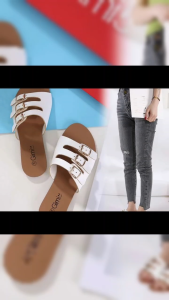 SAK.FOOTWEAR Chic Striped PU Leather Flat Sandals with Buckle Closure for Women AK-16 35-40 SIZE