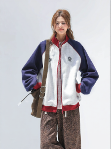American Retro Patchwork Stand Collar Zipper Hoodie Jacket Loose