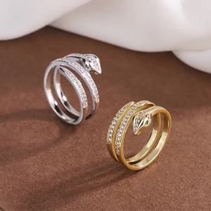 Fashion Winding Snake Rings For Women Men Punk Hip Hop Open Adjustable Gold Color Ring Stainless Steel Zircon Aesthetic Jewelry