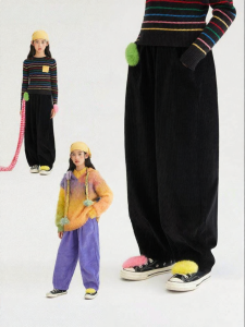 LOVESASAKIDS | Elastic Striped Corduroy Single-Pleated Wide Leg Cuffed Leisure Pants for Girls