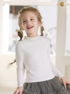 White Fleece Lined Long Sleeve Cotton T-Shirt for Girls Spring Autumn Wooden Edge Baby Childrens Tops Korean Style Boatmouse