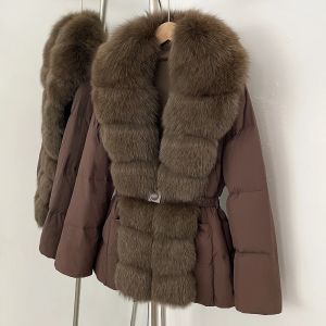 Áo Khoác Lông Vũ Nữ Cao Cấp Có Cổ Lông Cáo Tự Nhiên Kiểu Parka Thường Ngày Áo Khoác Lông Vũ Trắng Dáng Ôm Phong Cách Đường Phố Mùa Thu/đông