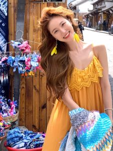 Warm Yellow Vacation Style Womens Dress Fresh Forest System Travel Outfit Long Skirt Strapless A-Line Gown Summer Wear