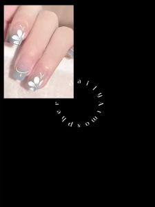 Short Medium fake nails for women girls french style square nail tips gradient blue green with flowers leaf design press on nail