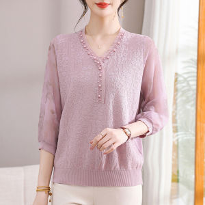 Elegant Embroidered Knitted Short Sleeve T-Shirt Base Shirt for Middle-Aged And Elderly Women Chinese Style Summer Fashion