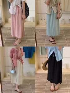 กระโปรงทรงเอเอวสูงผ้าลินินผสมคอตตอนสีชมพู ทรงหลวม ทรงตรง ทรงสลิมฟิต กระโปรงยาวคลุมเข่า ฤดูร้อน 2024