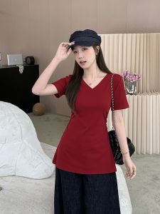 plus Size Womens T-Shirt V-Neck Short Sleeve Slim Fit Cotton Summer Casual Retro Top Belly Covering Weight Loss Illusion