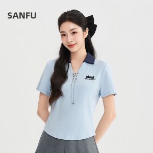SANFU | Summer New Letter Embroidery Detachable Chain Colorblock Collar Womens Short Sleeve Top