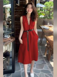 Red Sleeveless Cotton Linen Dress Womens New 2025 Summer Luxury Sensation French Style Vest Skirt H-Line Midi Dress