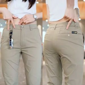 Quần Âu Nam Chất Liệu Lụa Băng Dáng Ôm Vừa Vặn Ống Thẳng Co Giãn Màu Kaki Đen Phong Cách Thể Thao Thiết Kế Đơn Giản
