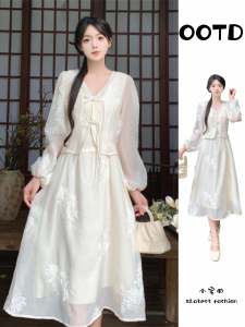 New Chinese Style V-Neck Button up Fairy Tale Fake Two-Piece Dress plus Size Beautiful Embroidery Floral Print A-Line Skirt