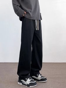 American Vibe Black Drawstring Flared Jeans Mens Spring Autumn Cleanfit Slim Straight Casual Long Pants Youth Fashion