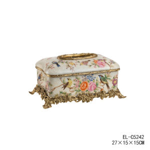 Julian Home French Retro Tissue Box Copper plus Porcelain Hand Painted Painted Romantic Flowers and Birds European Style Tissue Box