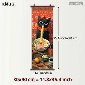 VIKAMA Mèo Đen Ramen Anime Nhật Bản Tấm Thảm Dễ Thương Retro Đường Phố Treo Tường Vải Poster Cho Trang Trí Nhà Bếp Chống Thấm Nước Có Thể Giặt Bằng Máy