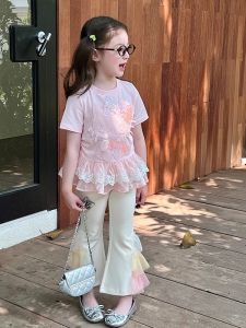 Cute Girls Fashionable T-shirt Childrens Cartoon Embroidery Lace Patchwork Ruffle Sleeveless Top Little Girl Summer Clothes