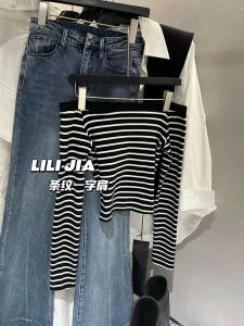 เสื้อยืดคอกลมแขนยาวลายทางสีบล็อกแฟชั่นฤดูใบไม้ร่วง เสื้อผ้าทำงานสไตล์เกาหลี ทรงสลิมฟิต เสื้อผ้าทำงานสำหรับผู้หญิง