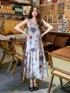 La Chapelle Beautiful French Coastal Vacation Style Print Sleeveless Vest Dress Women Summer High Waist A-Line Long V-Neck Dress