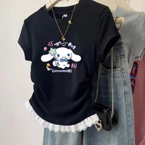 Girls Short Sleeve T-Shirt Cartoon Dog Print Lace Trim Half Sleeve Childrens Summer Cotton Top Korean Style Slim Fit Kids Clothes